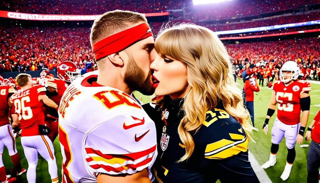 Taylor Swift and Travis Kelce kiss on field