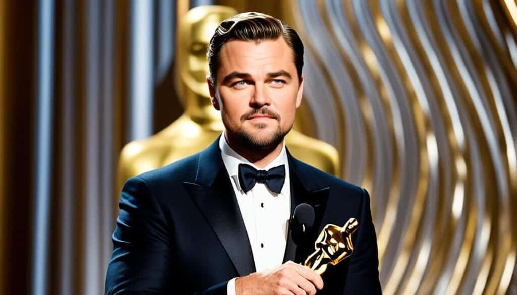 Leonardo DiCaprio accepting his Oscar for Best Actor